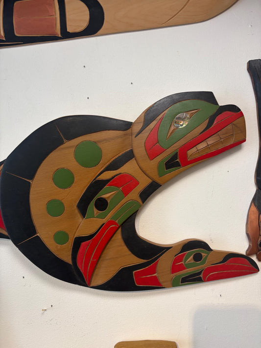 Stunning indigenous first nations, Pacific Northwest coast signed 28 x 12 wide cedar killer whale transformation plaque with abalone   wow