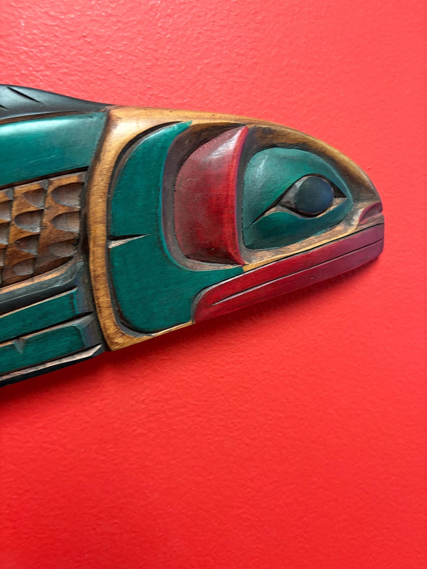 Beautiful 18 inch long polychrome painted cedar salmon by David Robertson  indigenous first nation pacific  north West Coast beauty