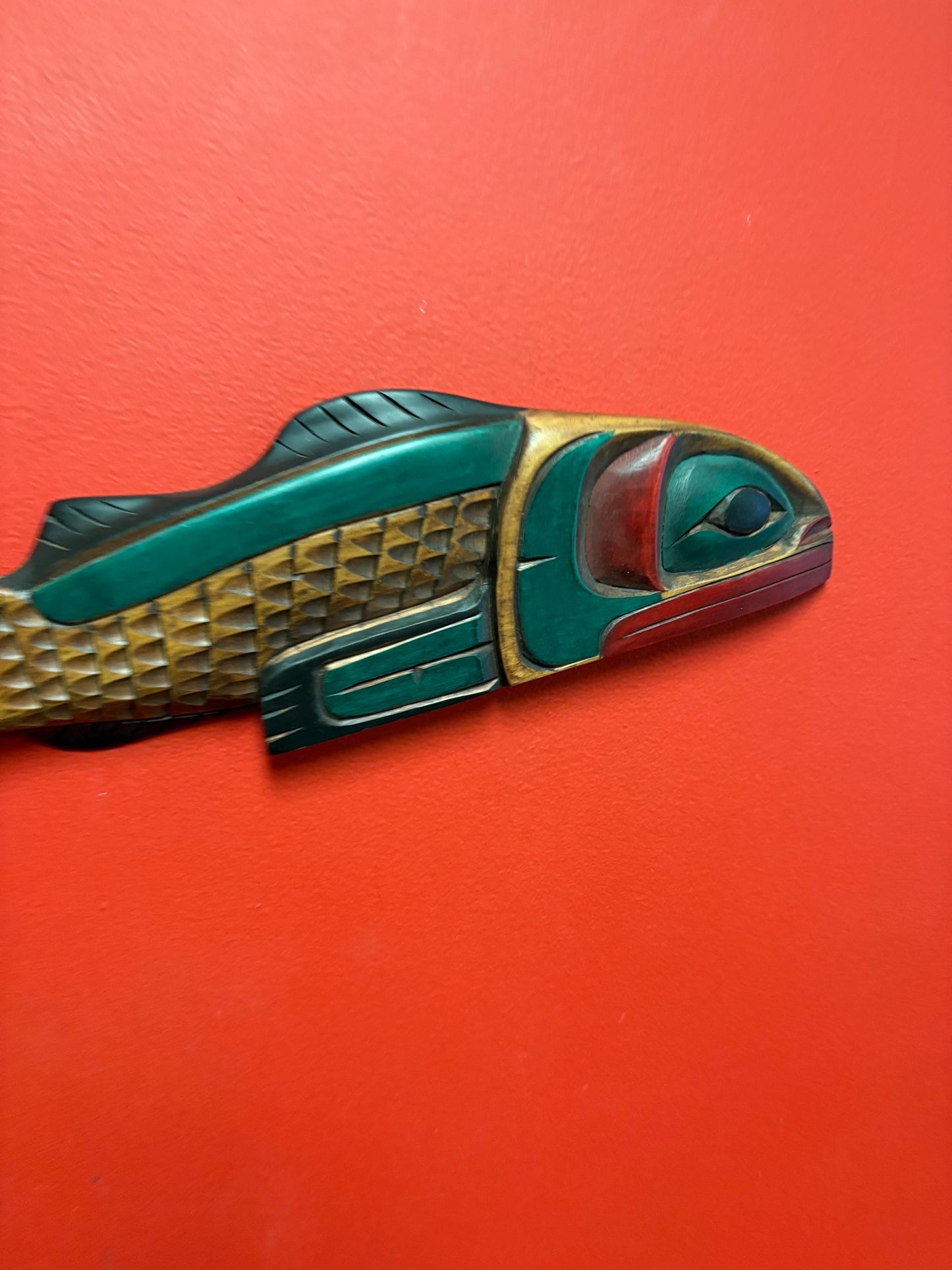 Beautiful 18 inch long polychrome painted cedar salmon by David Robertson  indigenous first nation pacific  north West Coast beauty
