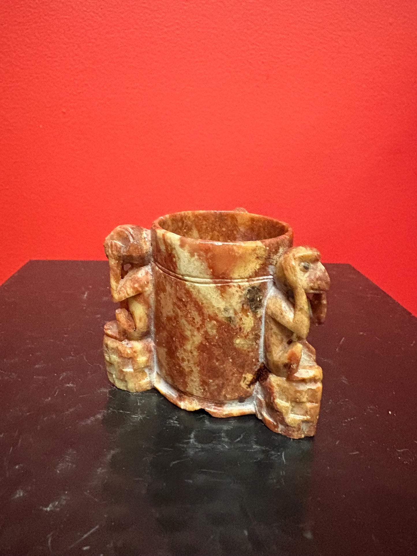 Lovely 1930s Chinese stone monkey pot 2 inches high  representing the three no evils  great value