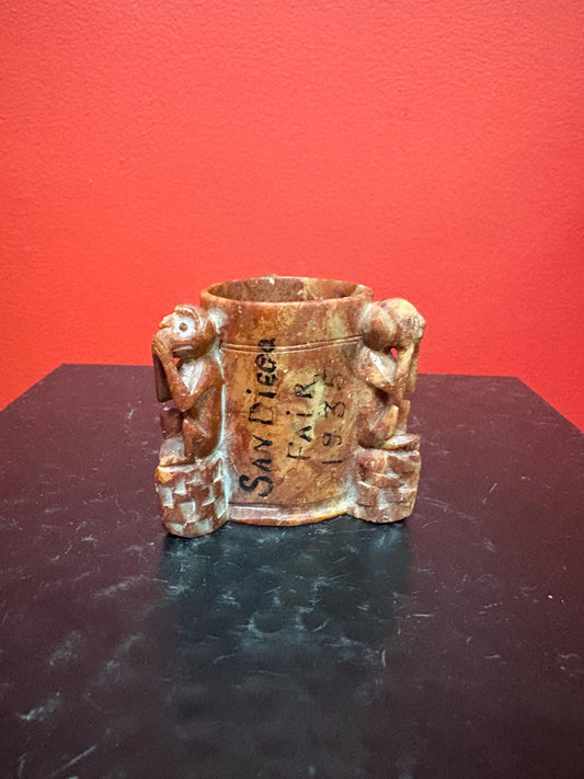 Lovely 1930s Chinese stone monkey pot 2 inches high  representing the three no evils  great value