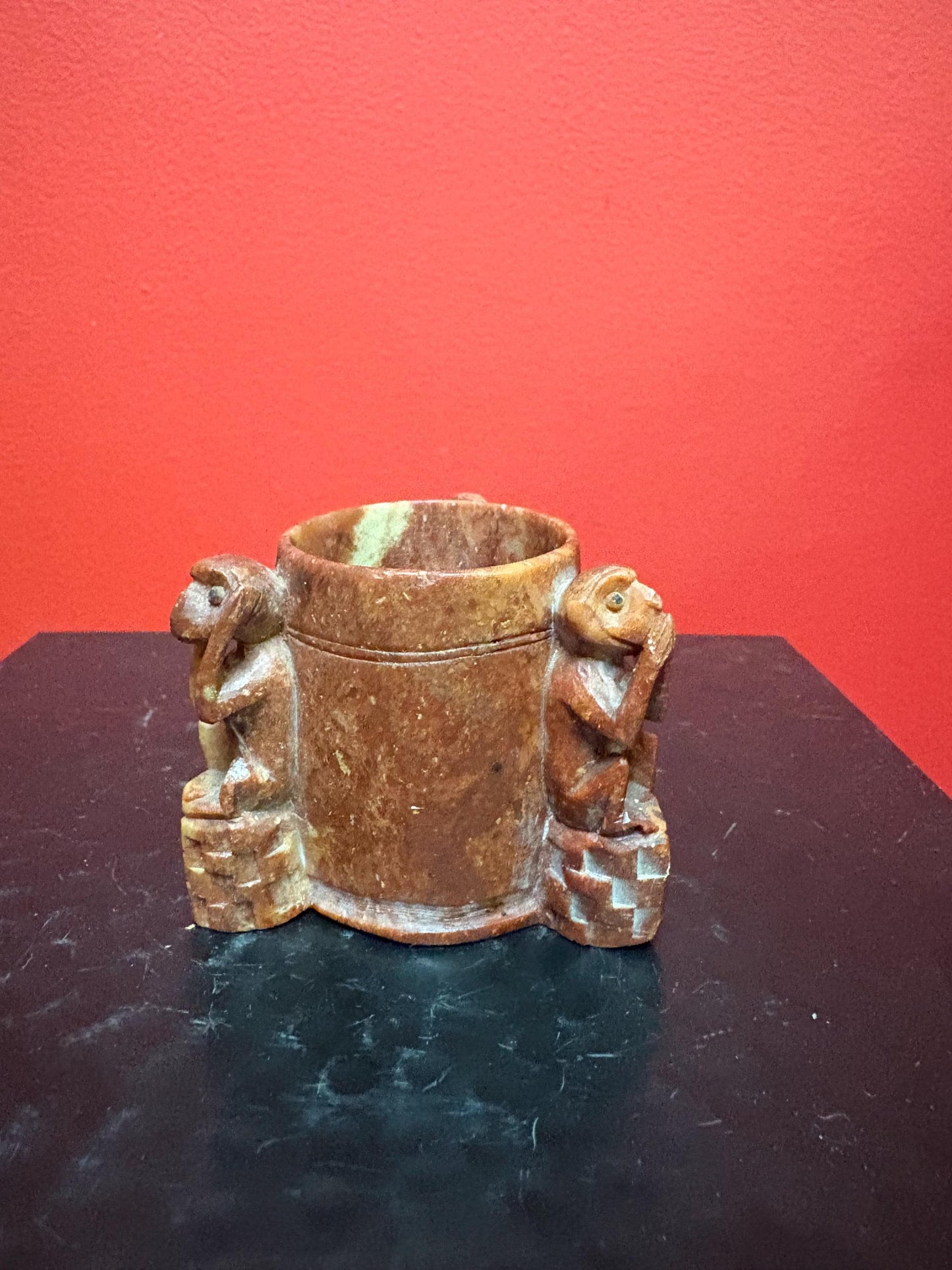 Lovely 1930s Chinese stone monkey pot 2 inches high  representing the three no evils  great value