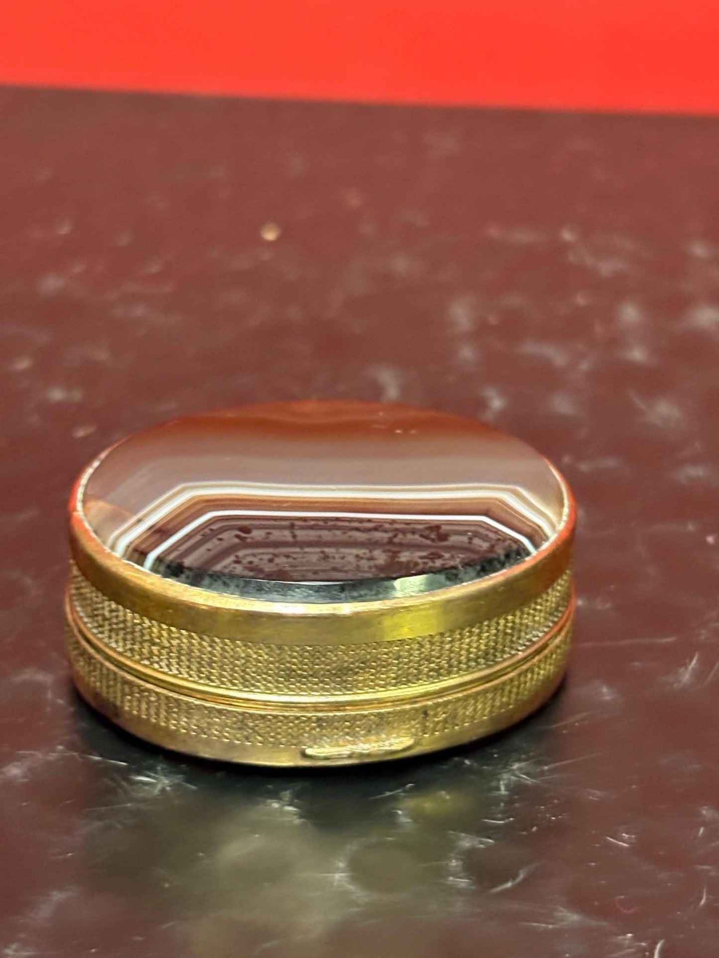 Stunning late 19 century French agate and brass box  1.5 inches across .5 inches high its absolutely beautiful and in perfect condition