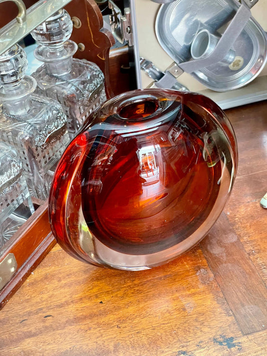 Murano - Authentic mid-century Murano Amber Smoked Glass Vase  signed  large - 8.75 inches tall- wow