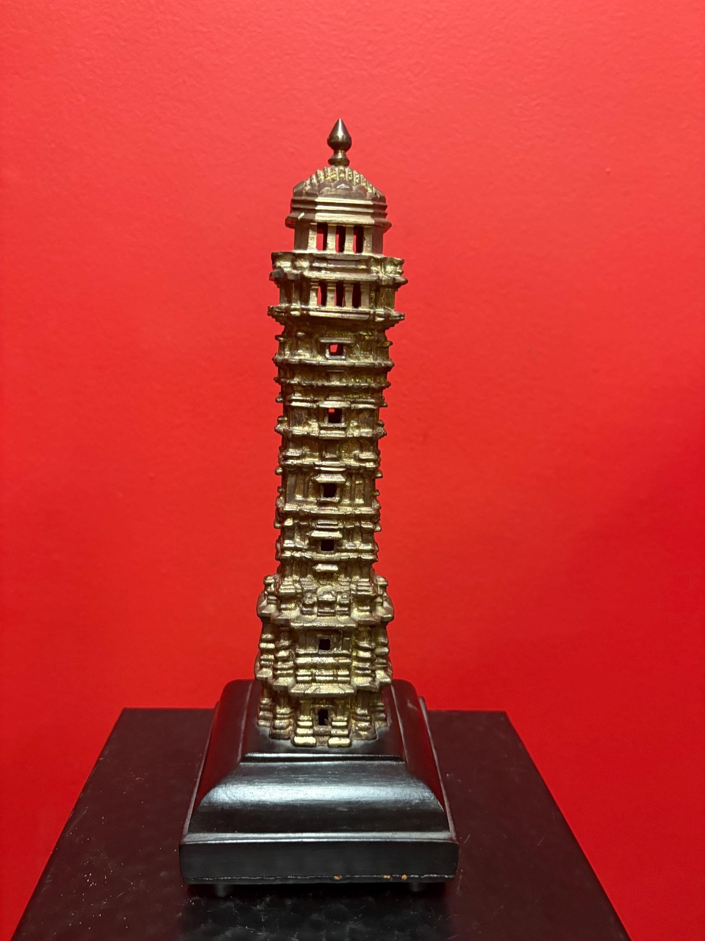 Lovely older Asian bronze temple on wood stand with new screws  amazing detail and 10 inches tall real stunner