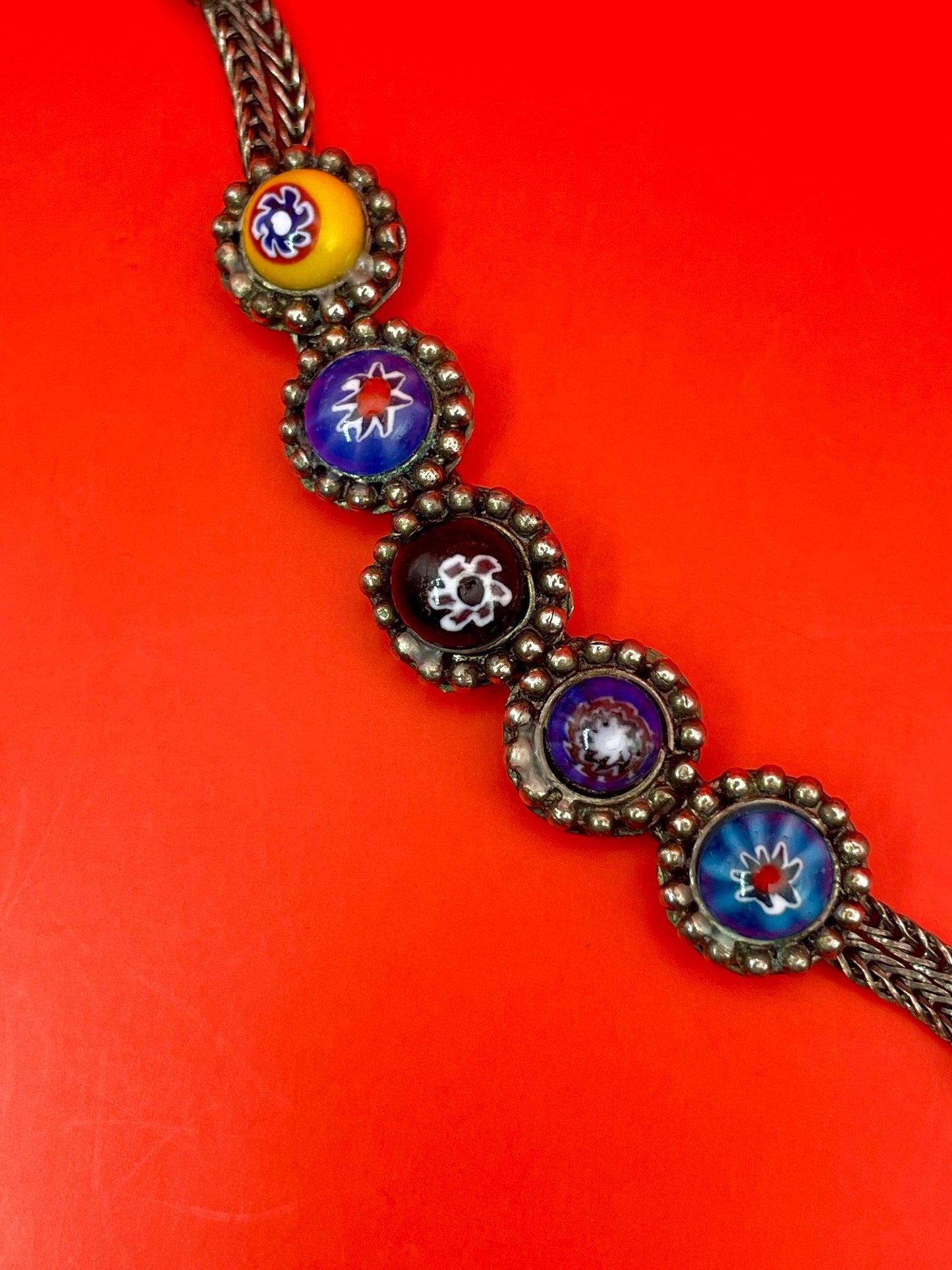 Vintage Millefiori Glass and Silver-Tone Bracelet