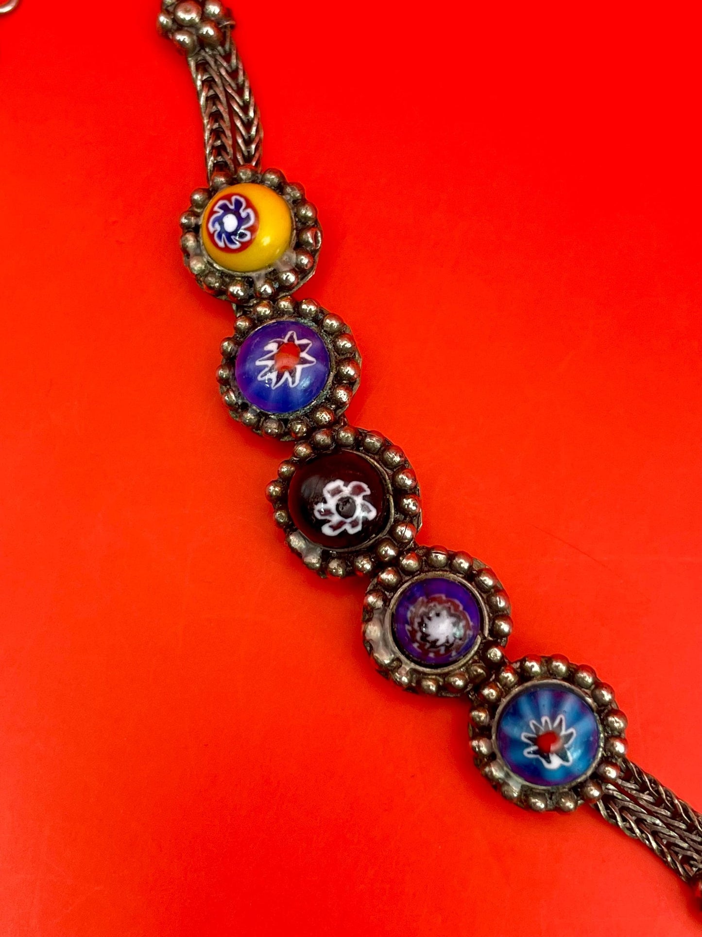 Vintage Millefiori Glass and Silver-Tone Bracelet