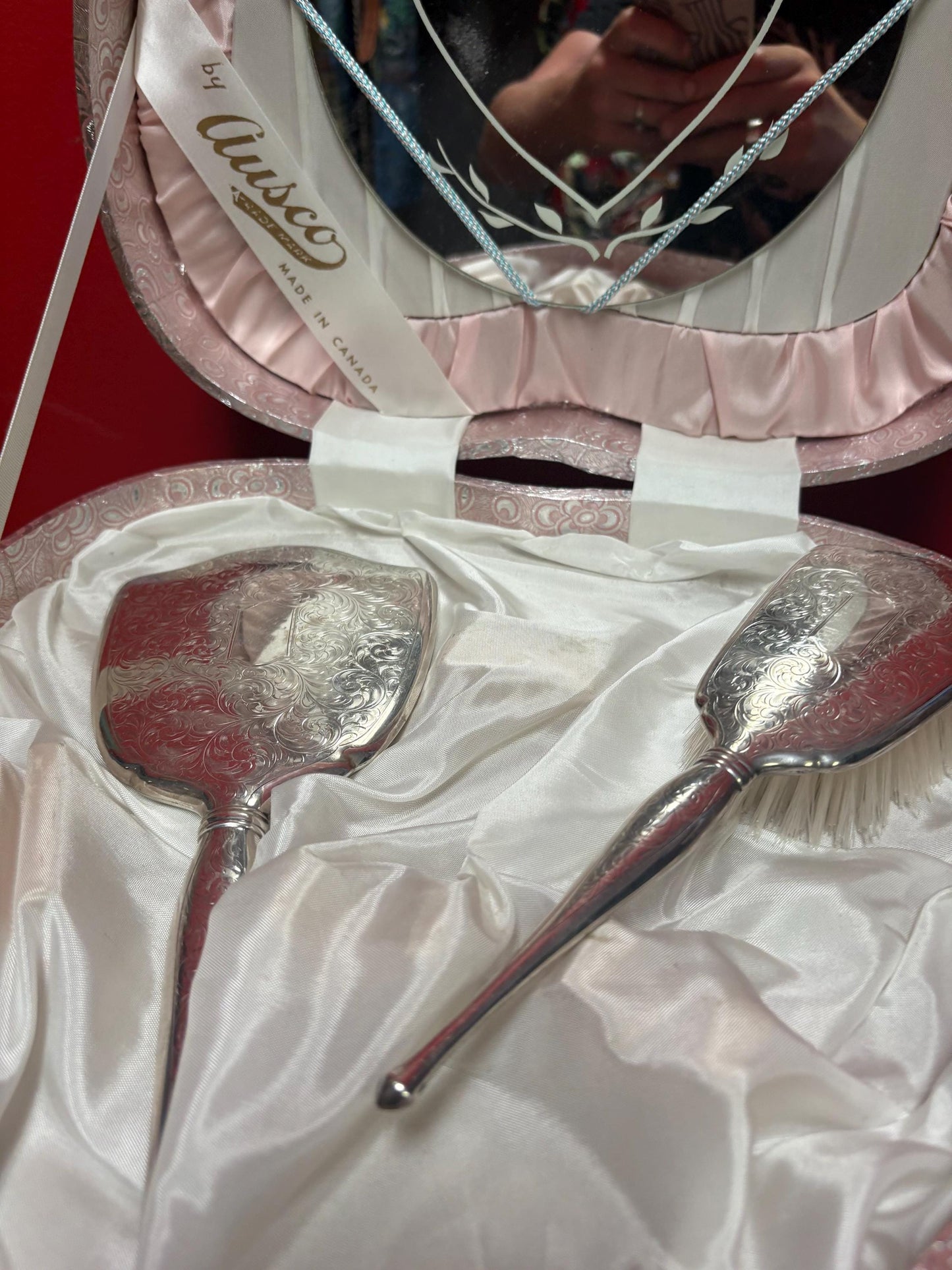 Antique Canadian BIRKS Sterling mirror in original heart shaped box   Never used in mint condition - Perfect gift  unreal