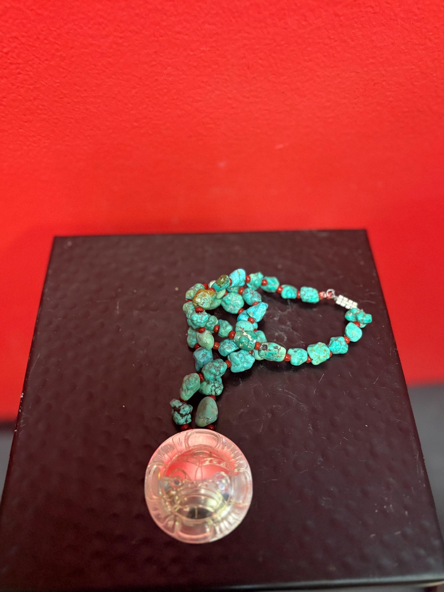 Stunning 18 inch chunky real turquoise necklace with massive 2 inch signed native silver sun mask pendant  highest quality  wow
