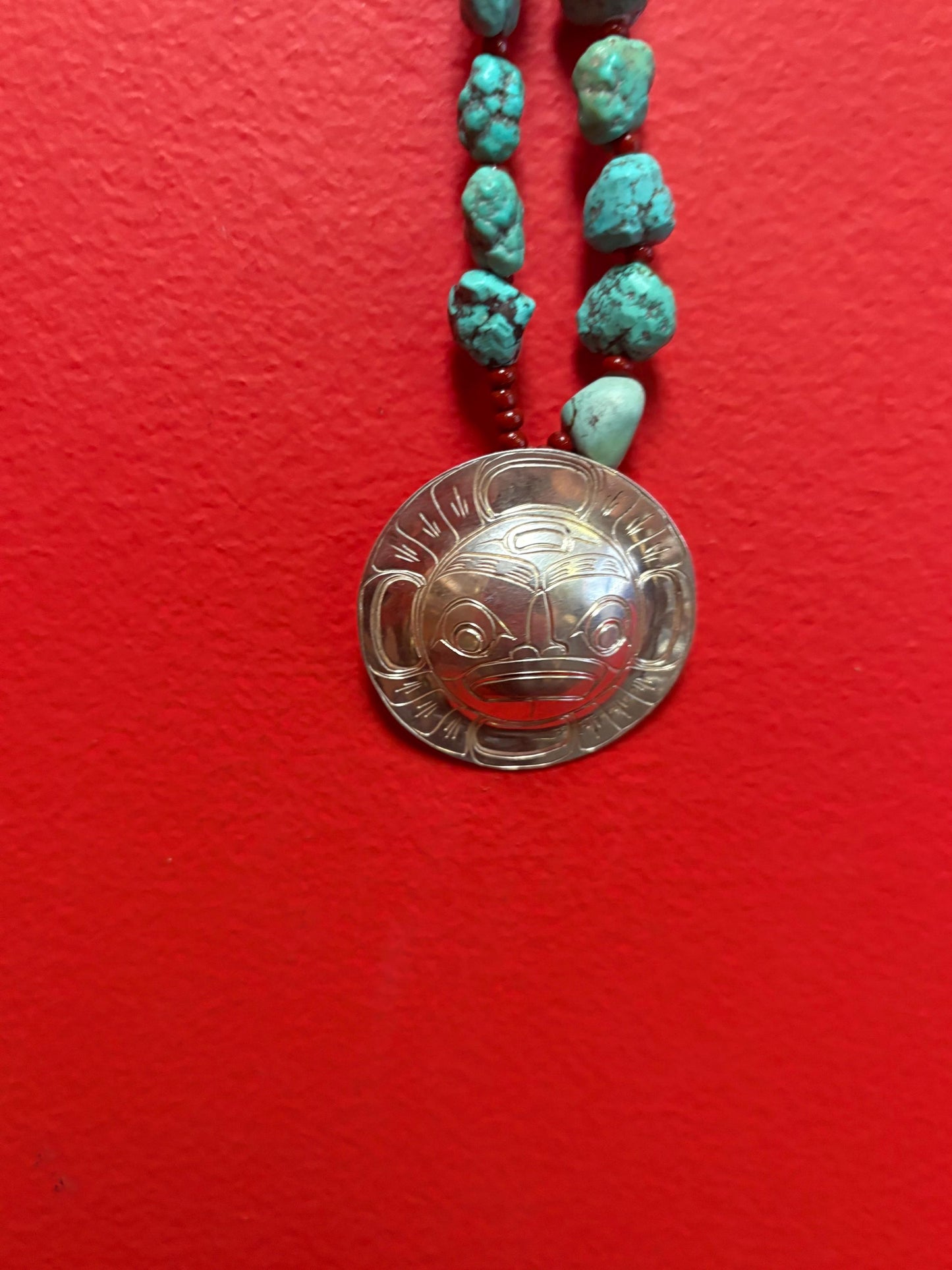 Stunning 18 inch chunky real turquoise necklace with massive 2 inch signed native silver sun mask pendant  highest quality  wow