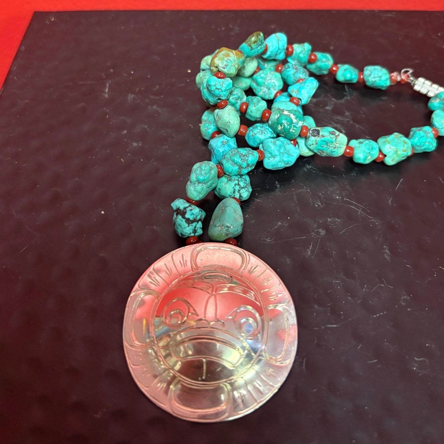Stunning 18 inch chunky real turquoise necklace with massive 2 inch signed native silver sun mask pendant  highest quality  wow