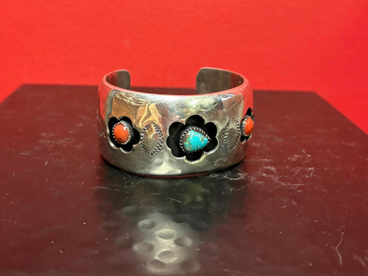 Stunning antique authentic Navajo shadow Cuff  turquoise coral and sterling silver  approximately 2 1/2 inches wide and 7 1/2 inches long