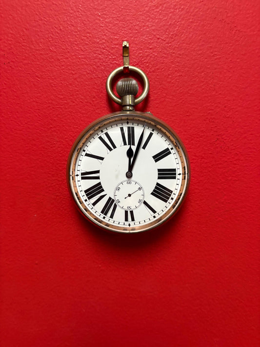 Massive English antique silver plated pocket watch - works perfectly in great condition - 5 1/2 inches tall  B
