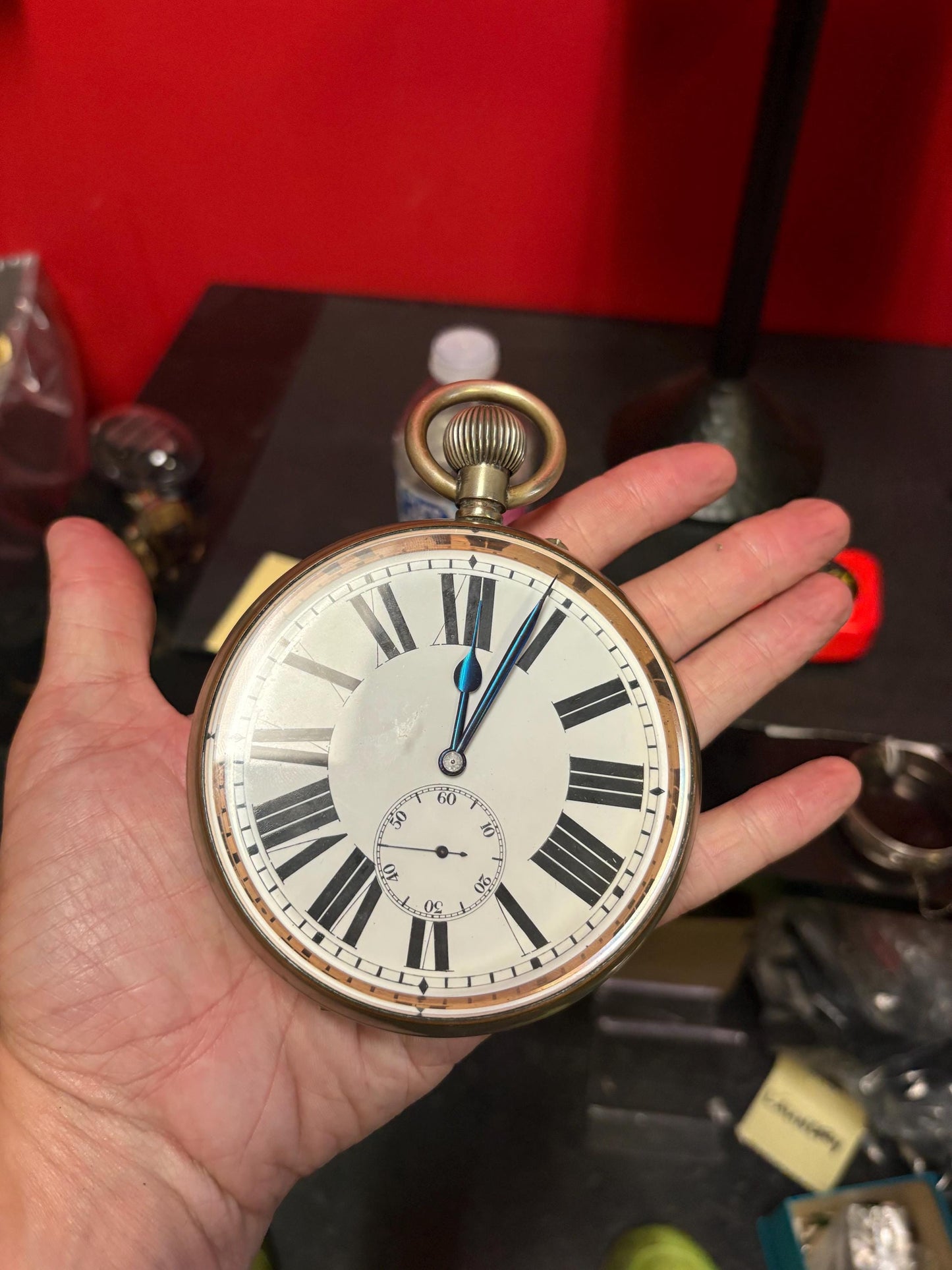 Massive English antique silver plated pocket watch - works perfectly in great condition - 5 1/2 inches tall  B