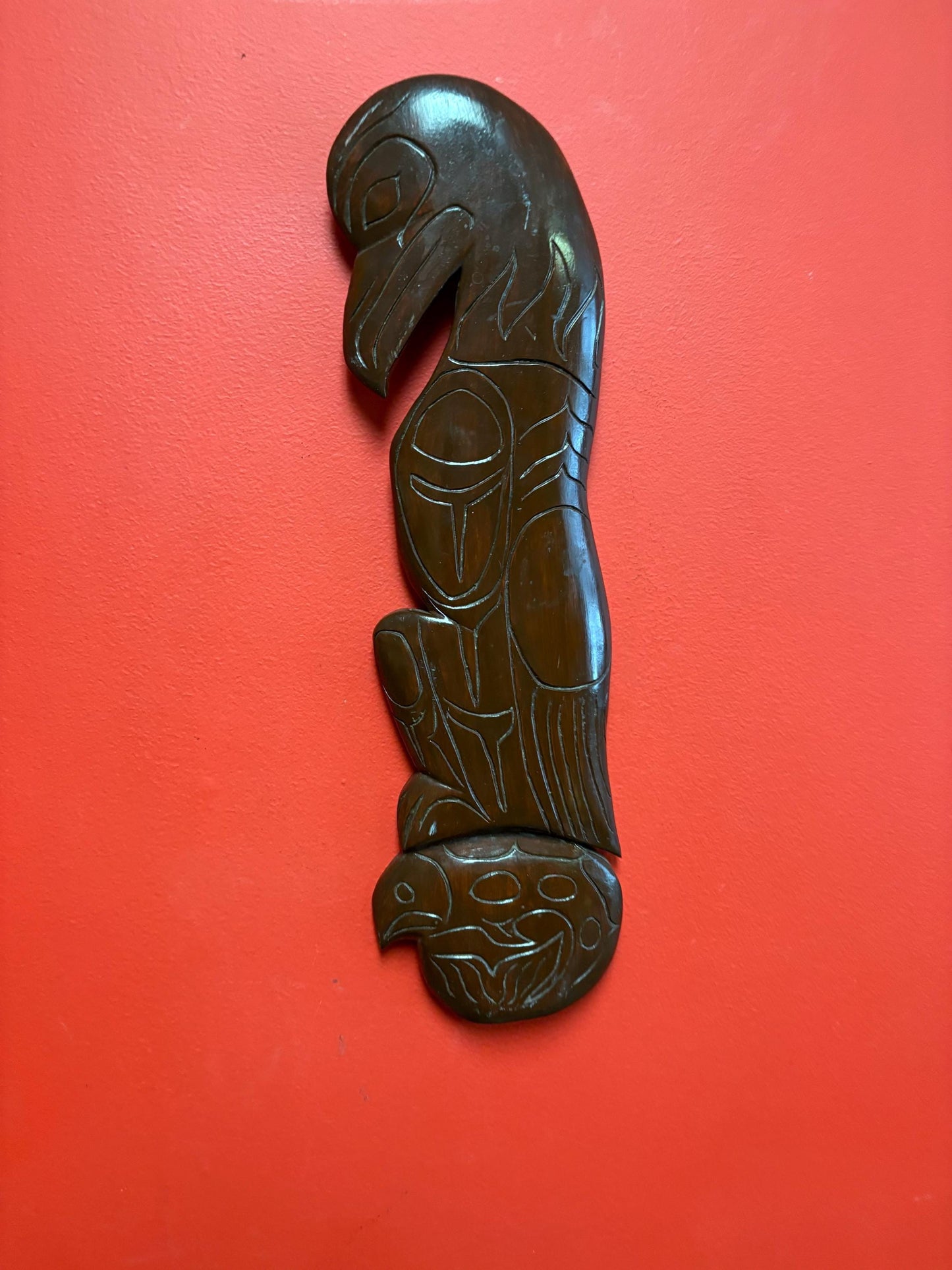 Lovely signed indigenous first nation Pacific north West Coast 19 x 6 wide Eagle and salmon plaque  great value