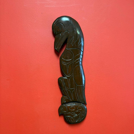 Lovely signed indigenous first nation Pacific north West Coast 19 x 6 wide Eagle and salmon plaque  great value