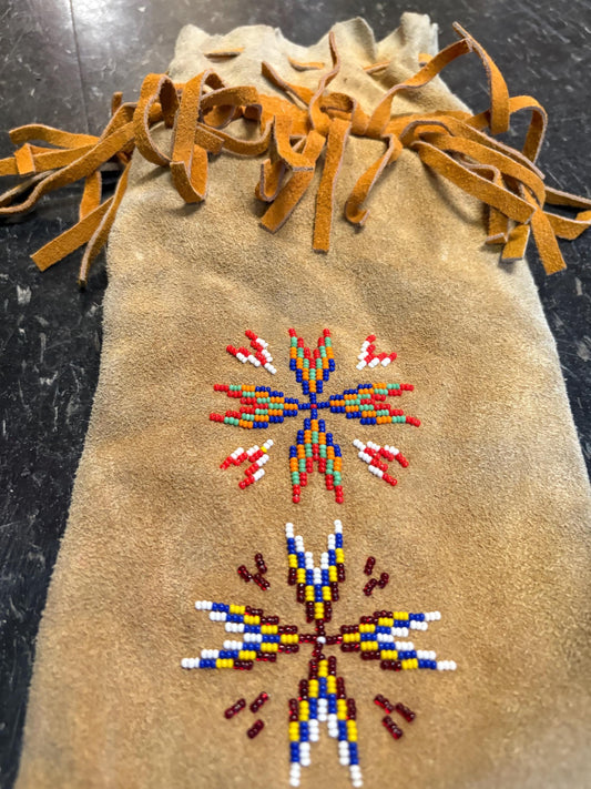 Antique indigenous first nations leather and beaded hunting bag  good used condition  22 x 6 wide