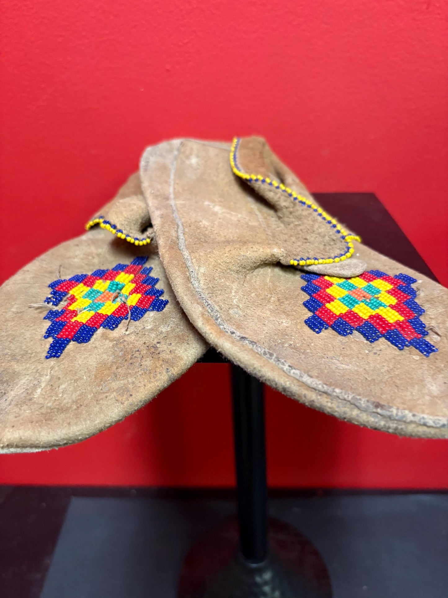 Lovely indigenous first nation Pacific Northwest coast beaded and leather moccasin shoes   10 inches long  as is  condition- decorational