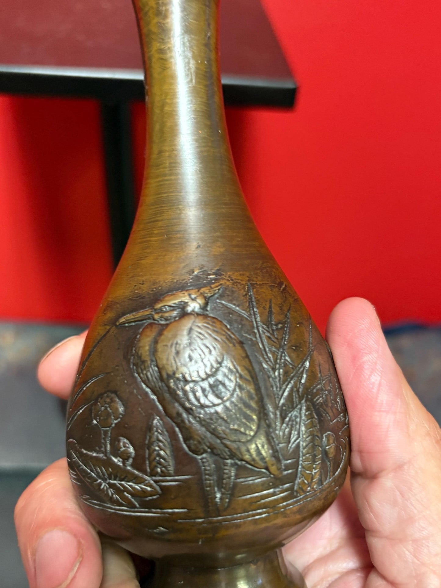 Beautiful antique Japanese meji  Bronze vase  6.25 inches tall with amazing patina  great heron motif   beautiful gift -