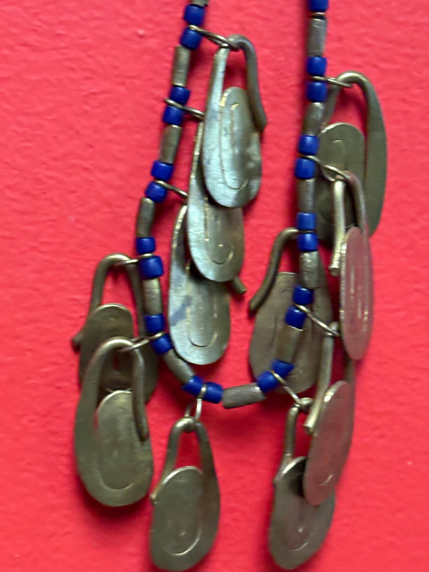 Old African trade bead and brass necklace  approx 20 inches long  really unique piece