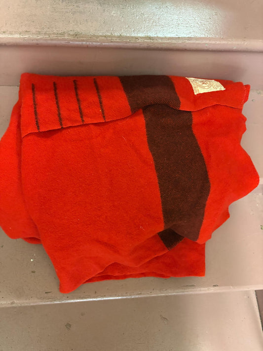 HBC  Four point approximately 72 x 90 unique red and black authentic Hudson Bay Company blanket  fabulous condition with original tags