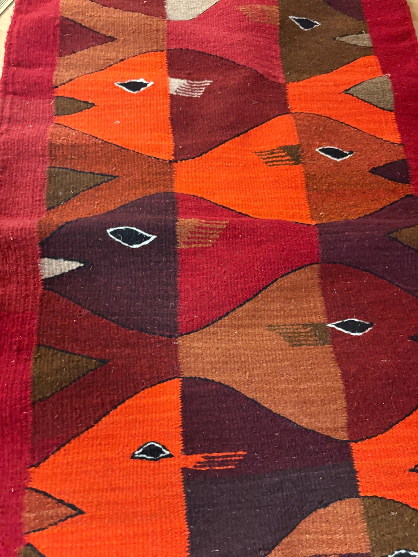 Beautiful vintage Zapotec Oaxacan fringed wool textile  ready to hang or lay down in great condition - MCM beauty   approximately 48 x 24