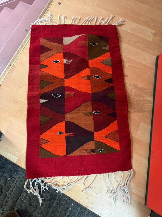 Beautiful vintage Zapotec Oaxacan fringed wool textile  ready to hang or lay down in great condition - MCM beauty   approximately 48 x 24