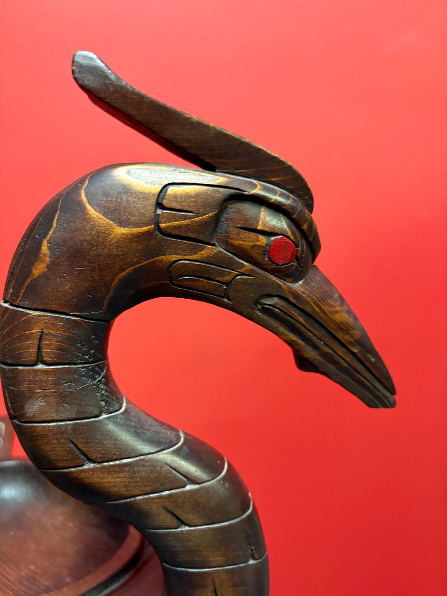 Beautiful indigenous first nation Pacific West Coast signed Willie Hawkins 12 x 7 x 11 high heron  bowl  slight crack - amazing value