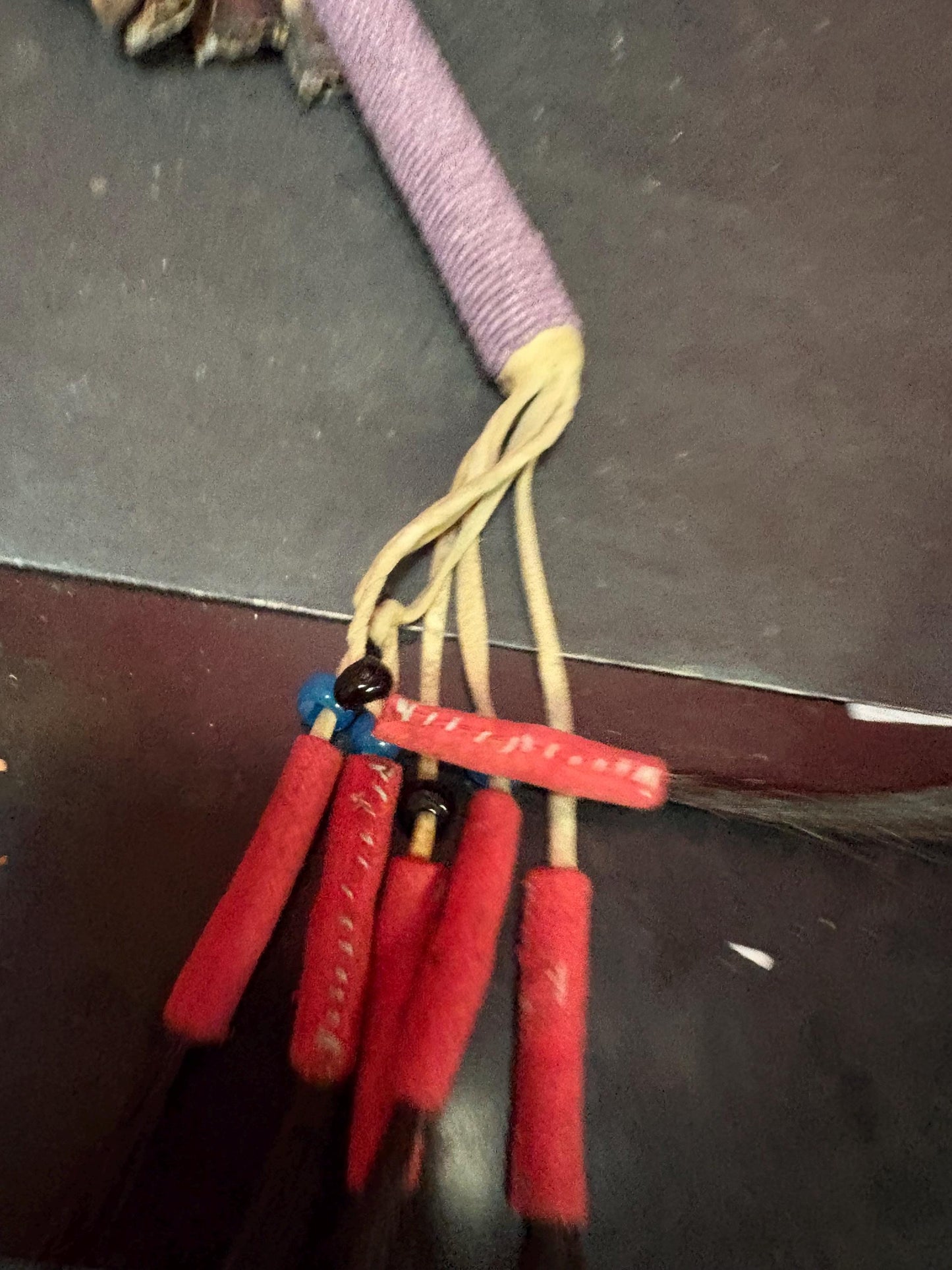 Indigenous approximately 22 inch long beaded rattle with horn  nice sound  unique piece  indigenous first nations  gift alert