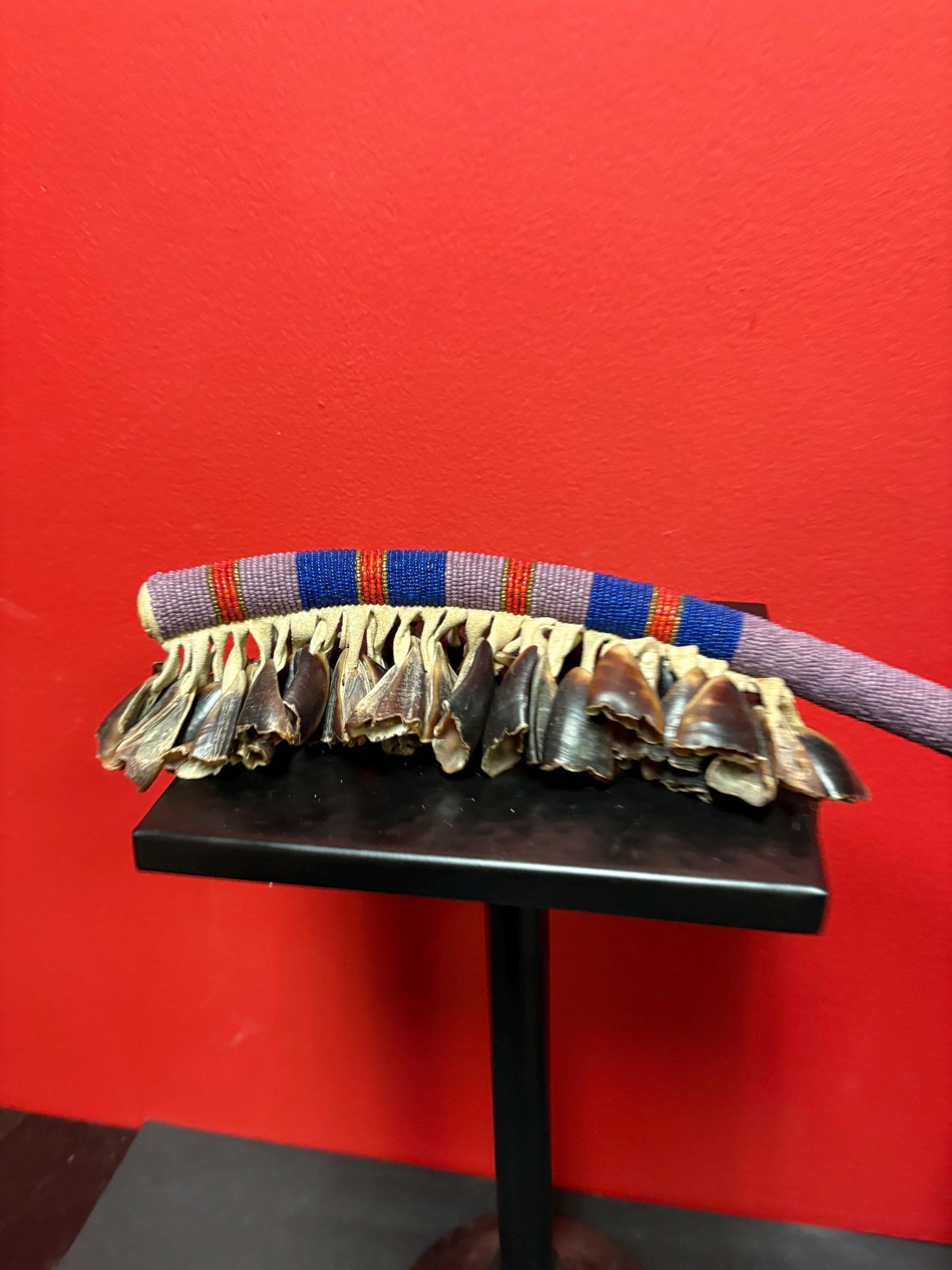 Indigenous approximately 22 inch long beaded rattle with horn  nice sound  unique piece  indigenous first nations  gift alert