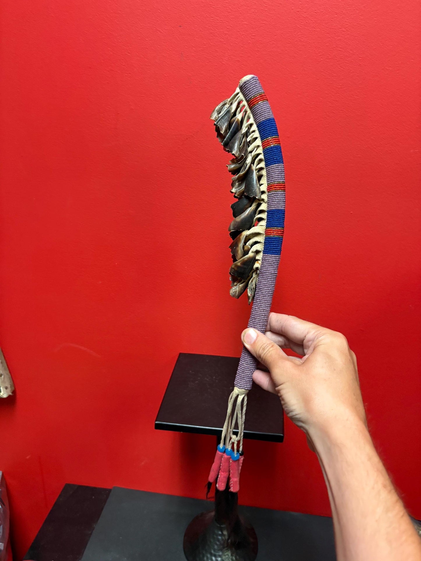 Indigenous approximately 22 inch long beaded rattle with horn  nice sound  unique piece  indigenous first nations  gift alert