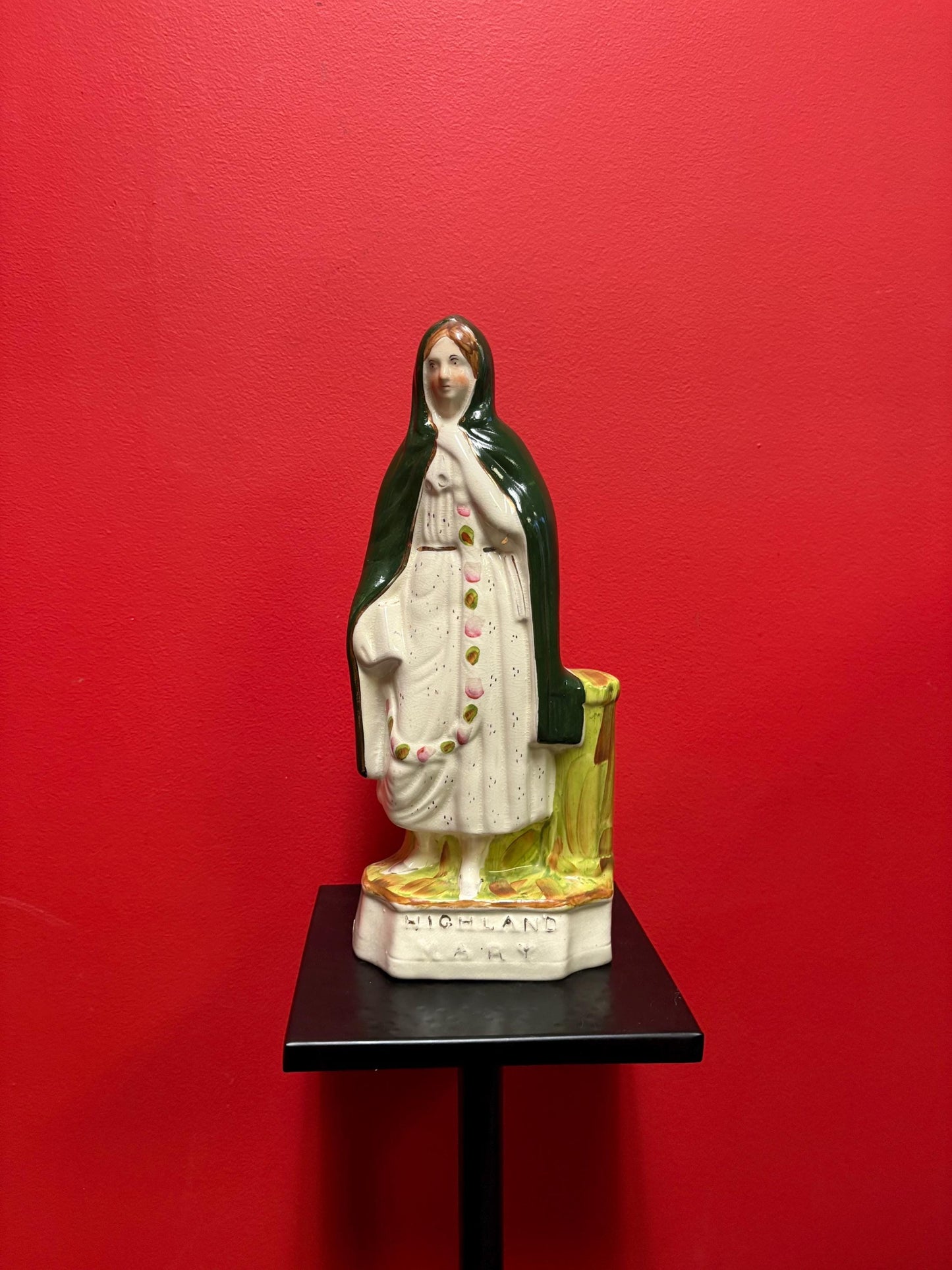 Lovely antique 13 inch tall Staffordshire highland Mary  figure with faint crack on the back  placed according lovely imagery