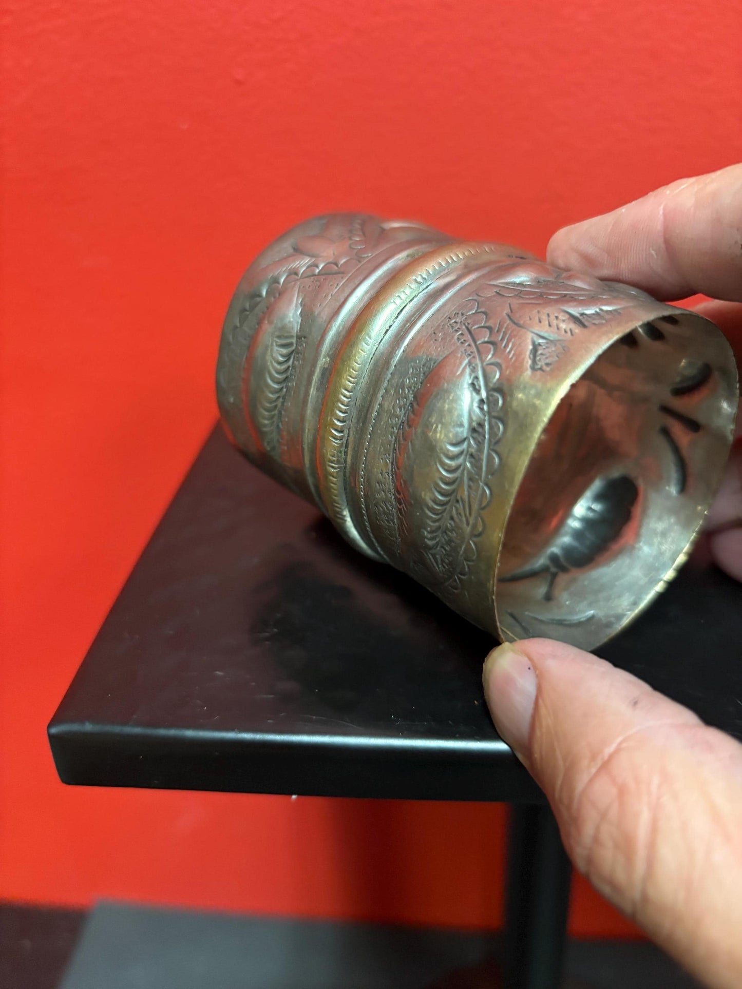 Unusual 3 x 2 1/2 wide massive antique silver plated and brass Cuff cool imagery and perfect gift  unisex