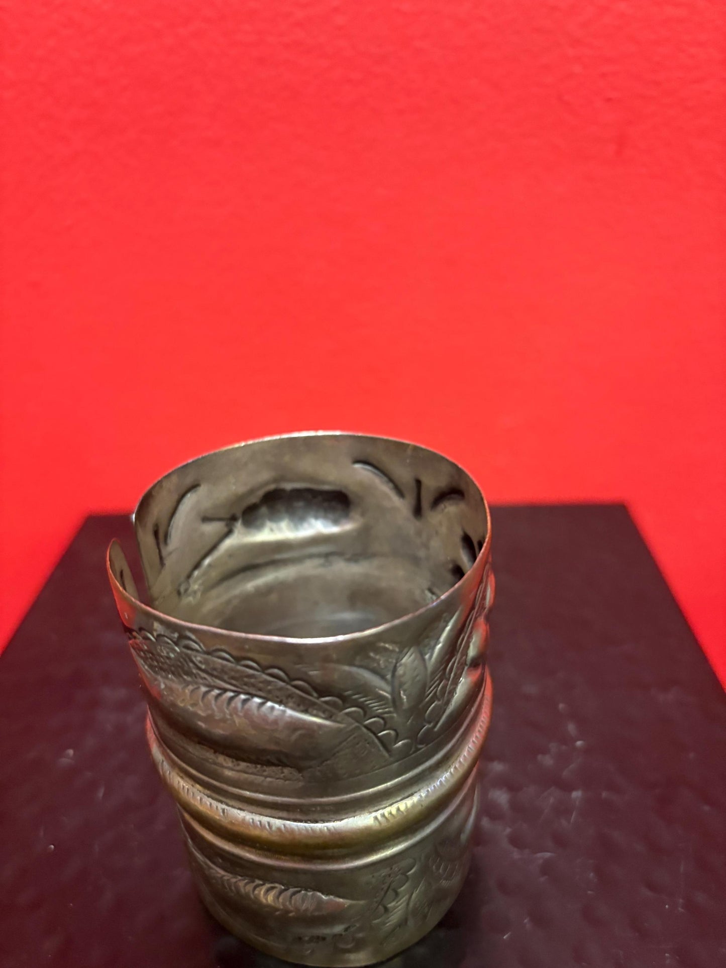 Unusual 3 x 2 1/2 wide massive antique silver plated and brass Cuff cool imagery and perfect gift  unisex