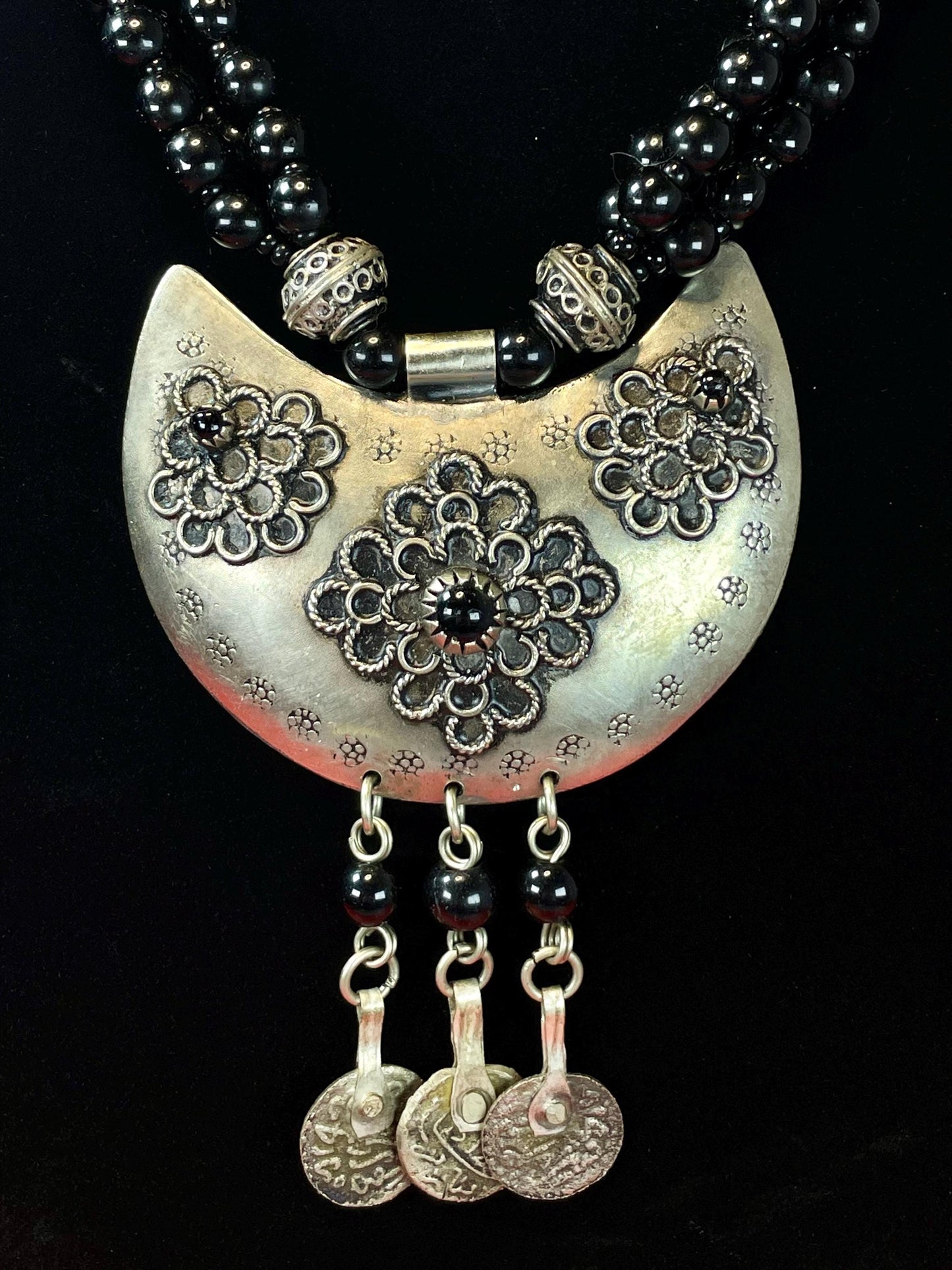 Bohemian Black Beaded Necklace with Large Silver Pendant and Dangling Coins