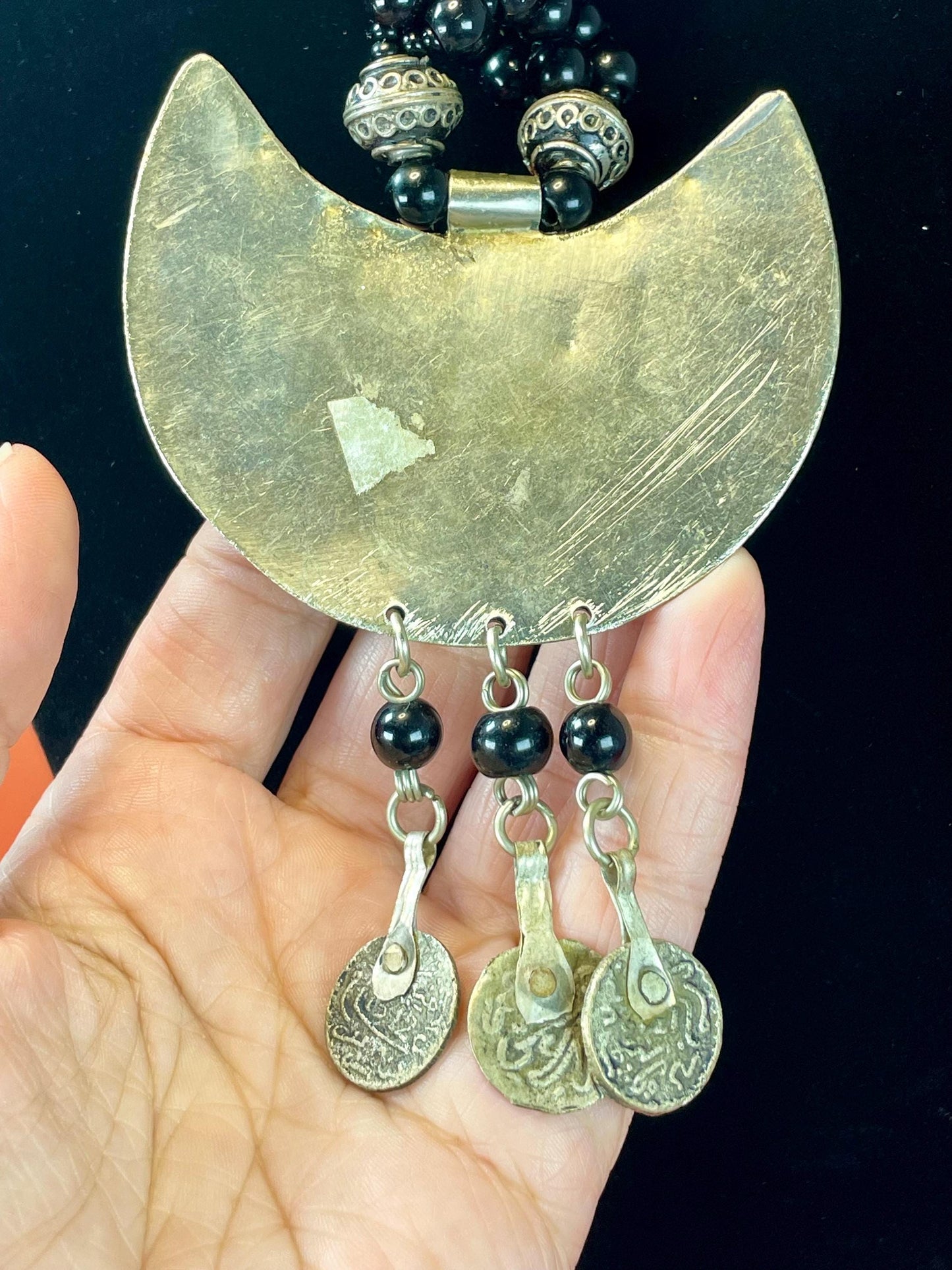 Bohemian Black Beaded Necklace with Large Silver Pendant and Dangling Coins