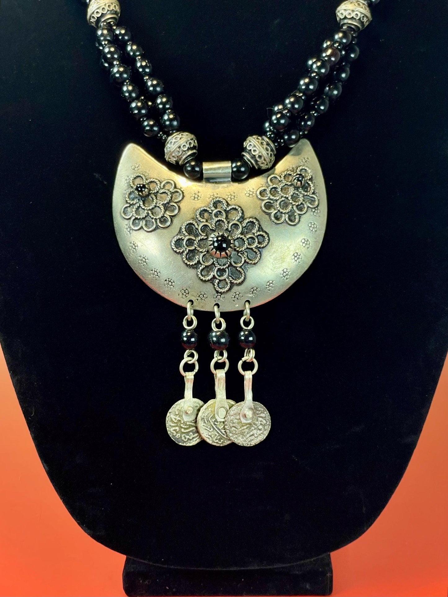 Bohemian Black Beaded Necklace with Large Silver Pendant and Dangling Coins