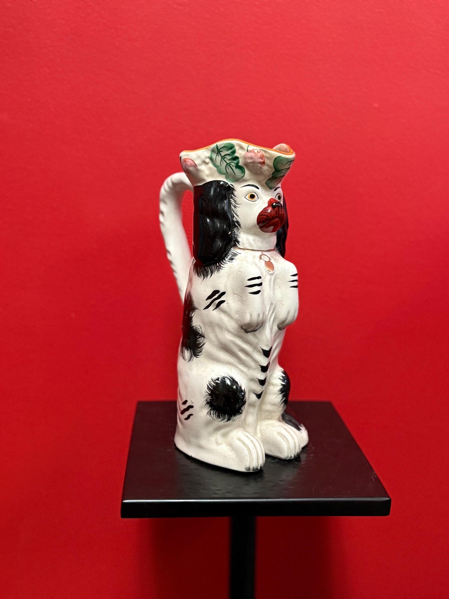 Wonderful Staffordshire rare 9.75 inch tall King Charles spaniel jug  1850s to 1870s  perfect condition  wow