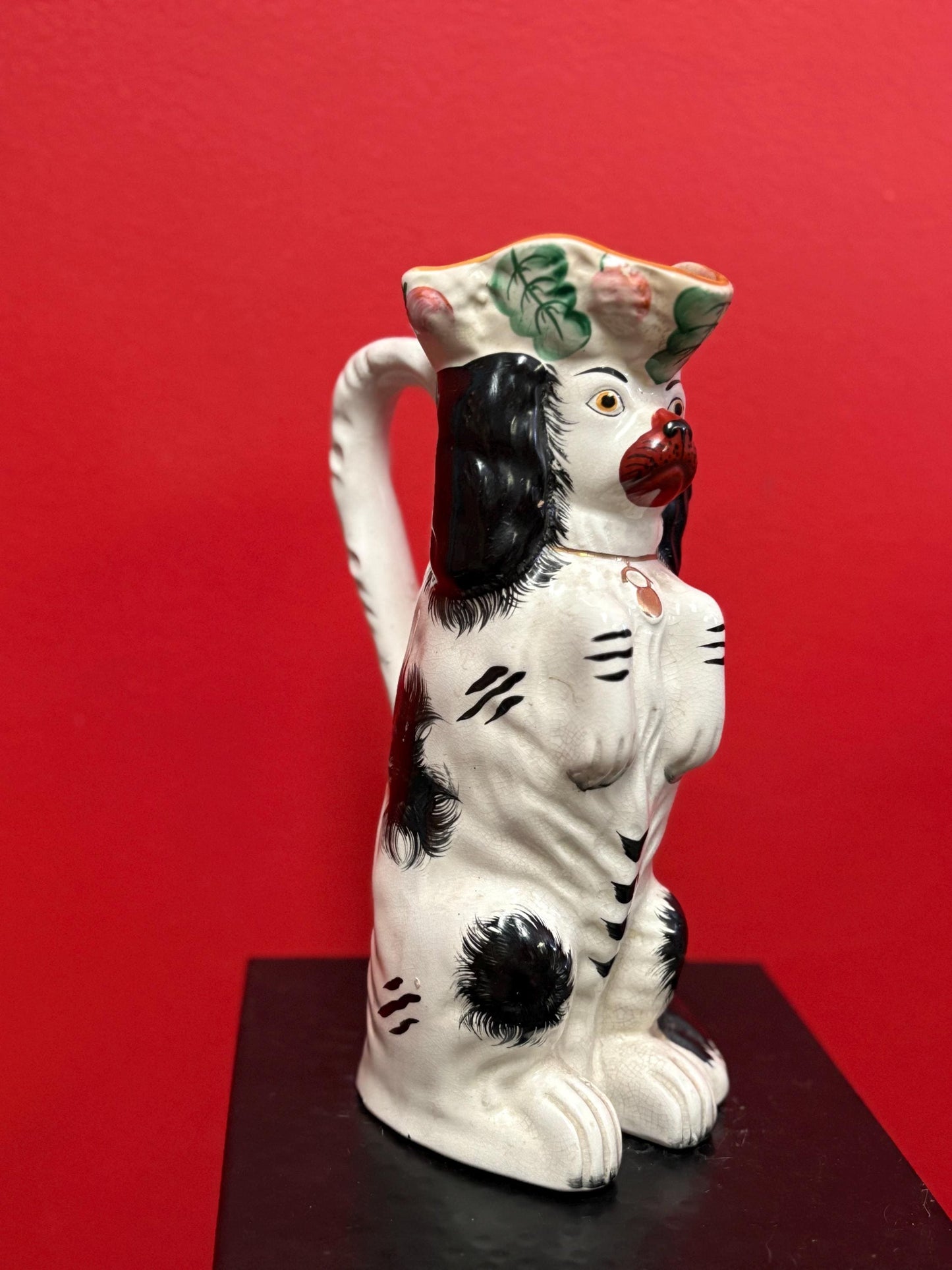 Wonderful Staffordshire rare 9.75 inch tall King Charles spaniel jug  1850s to 1870s  perfect condition  wow