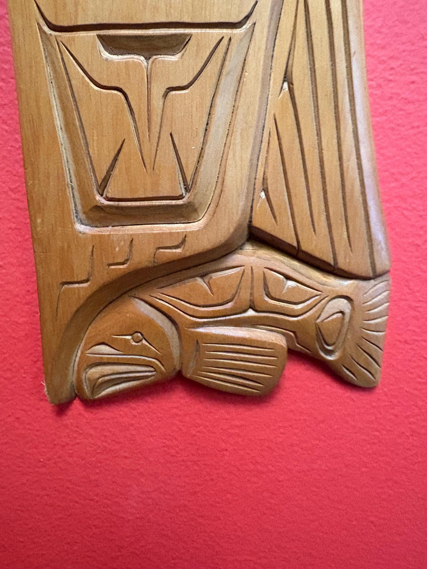 Nice quality indigenous first nations Pacific West Coast signed Cedar plaque of an eagle and salmon- 13 x 4 wide  great value