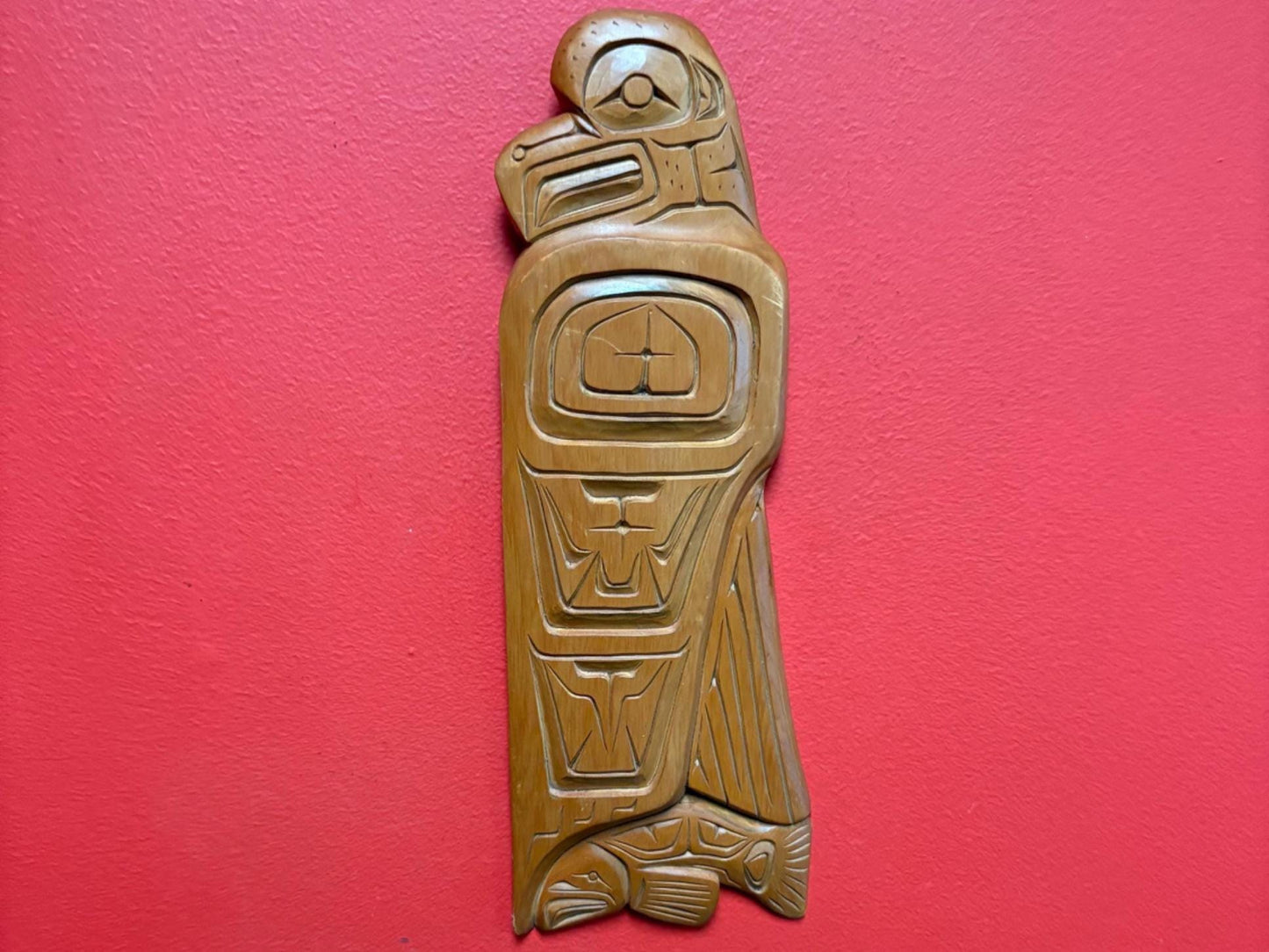 Nice quality indigenous first nations Pacific West Coast signed Cedar plaque of an eagle and salmon- 13 x 4 wide  great value