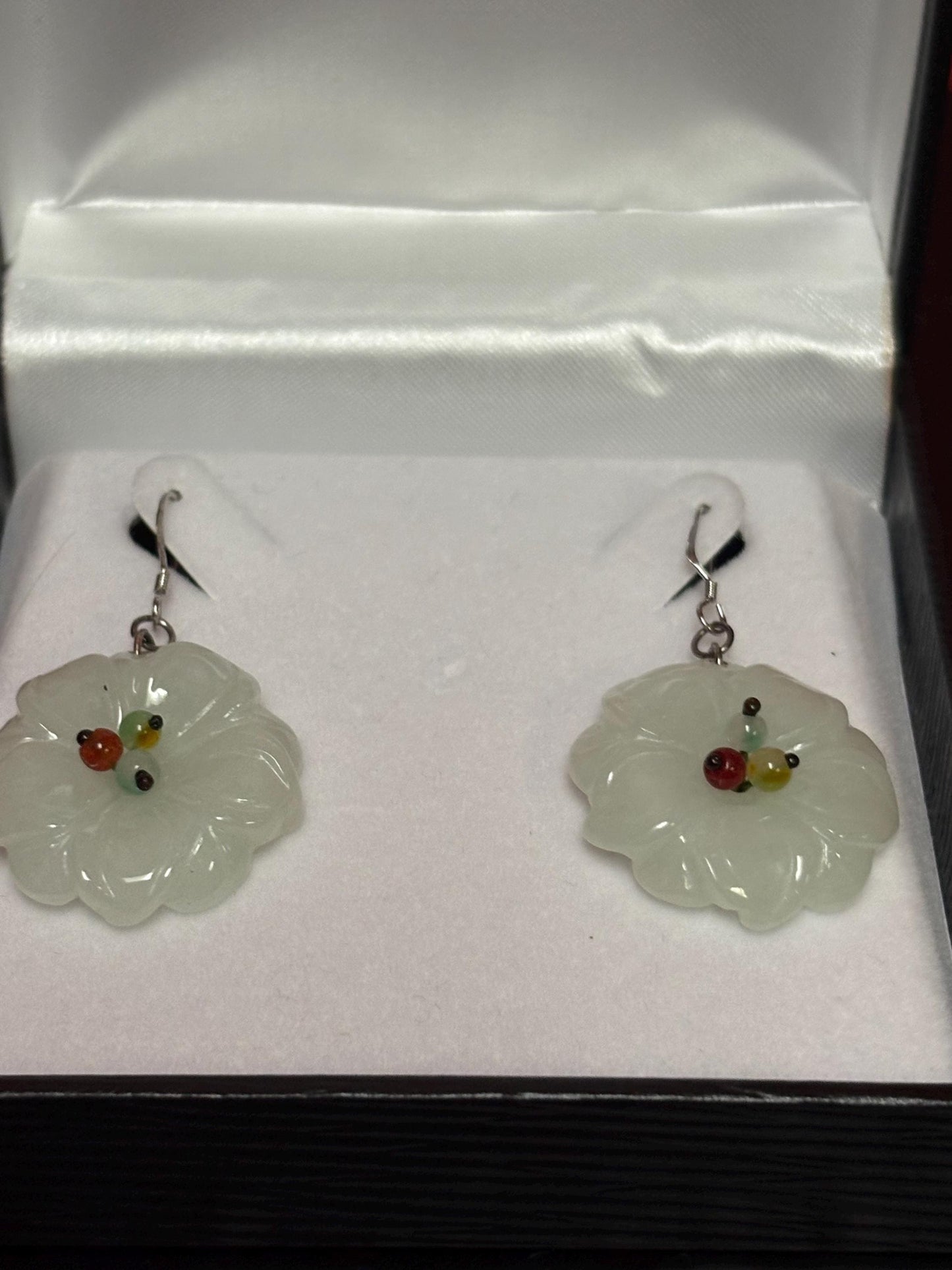 Stunning pair of Jade and silver earrings Chinese beauties come in box  2 inches long  - great gift