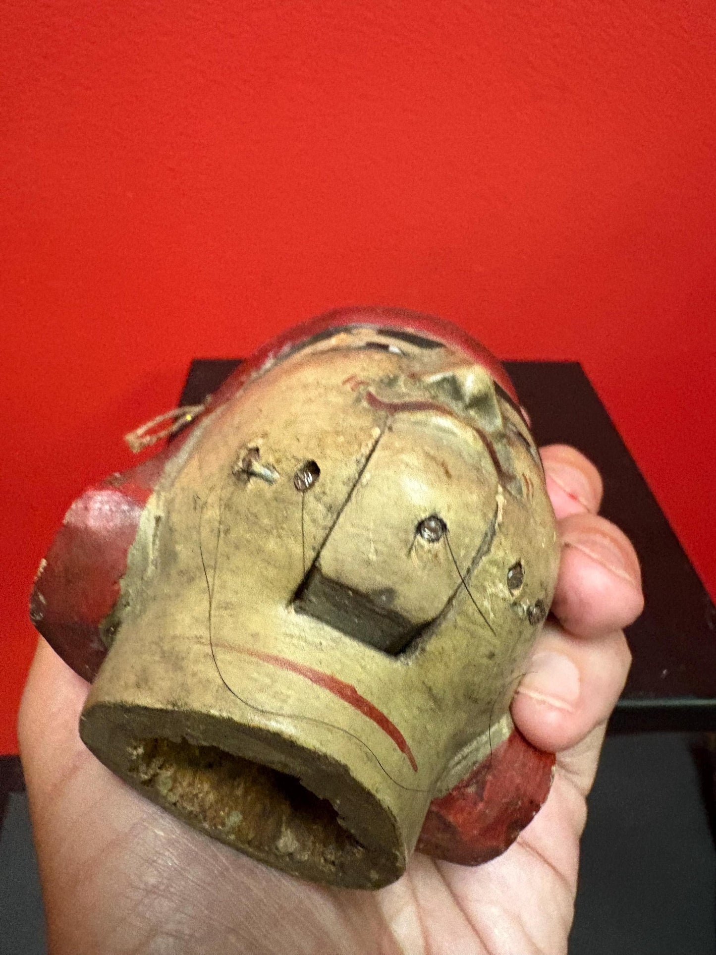 Amazing antique polychrome wooden puppet head  5 inches tall