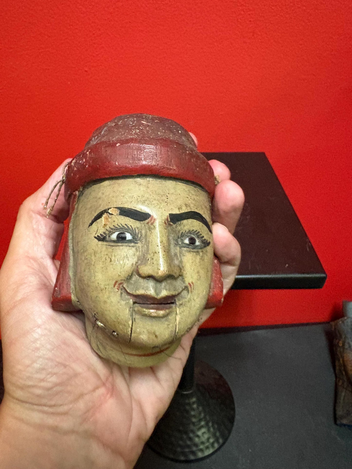 Amazing antique polychrome wooden puppet head  5 inches tall