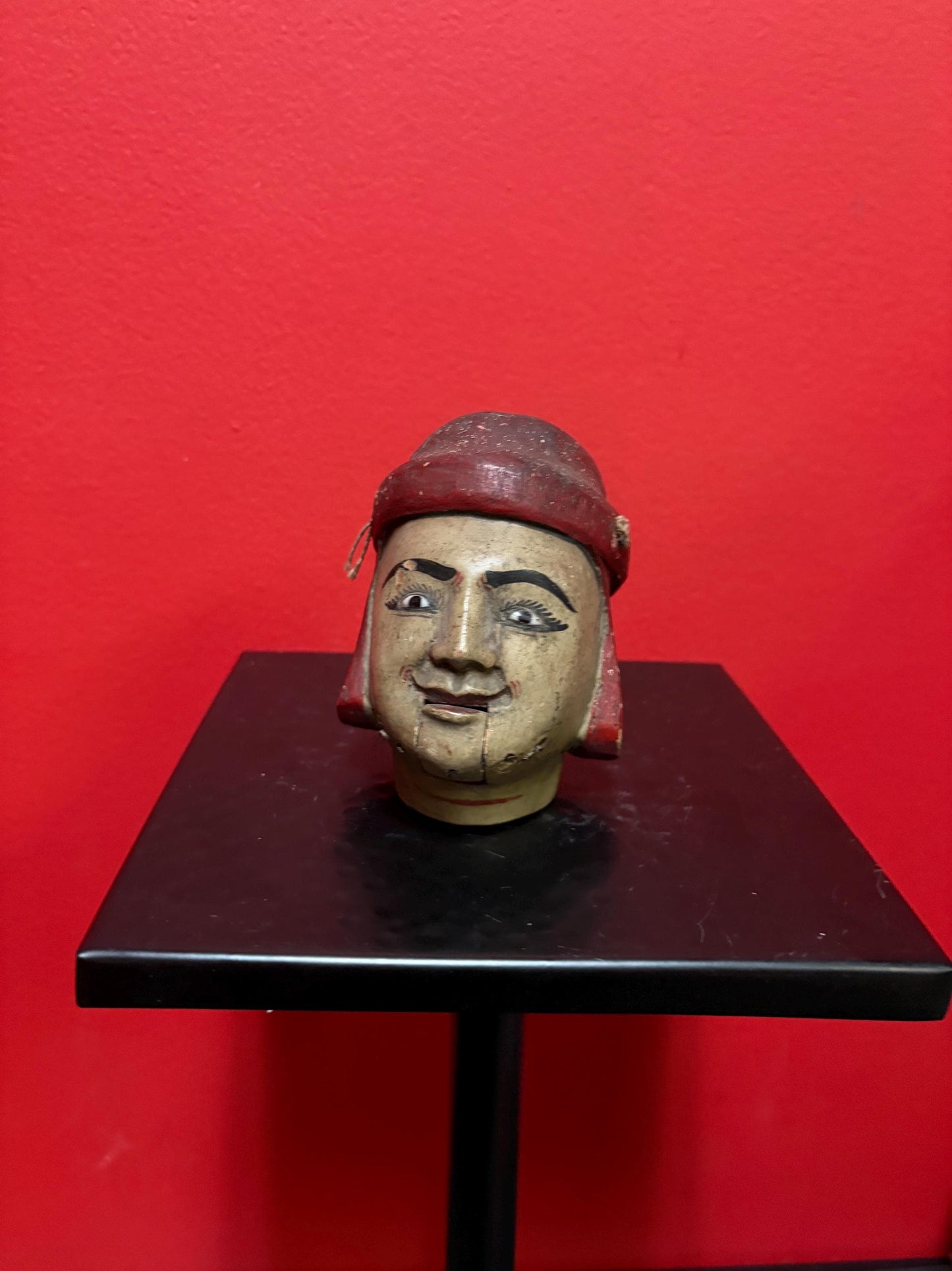 Amazing antique polychrome wooden puppet head  5 inches tall