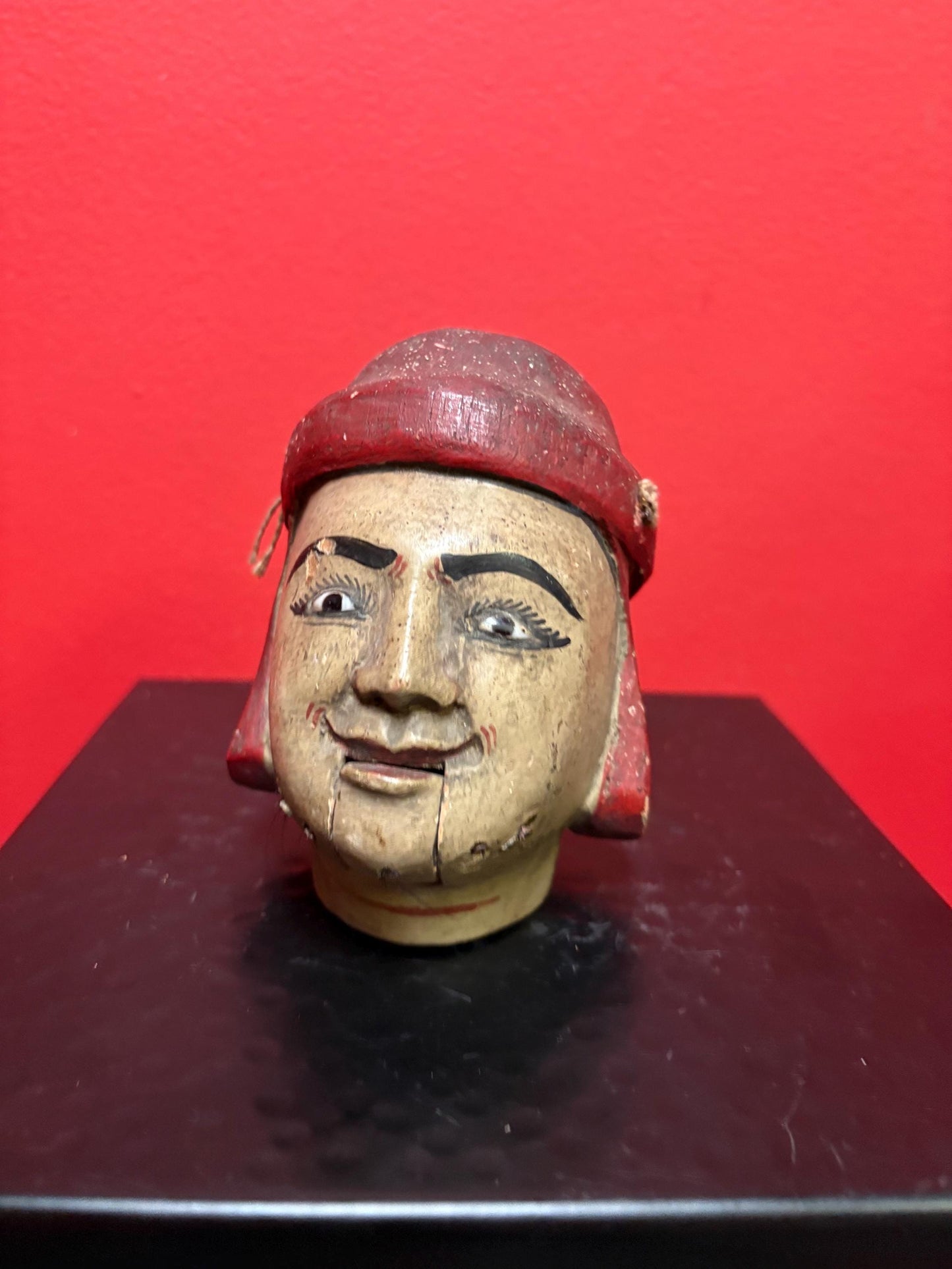Amazing antique polychrome wooden puppet head  5 inches tall