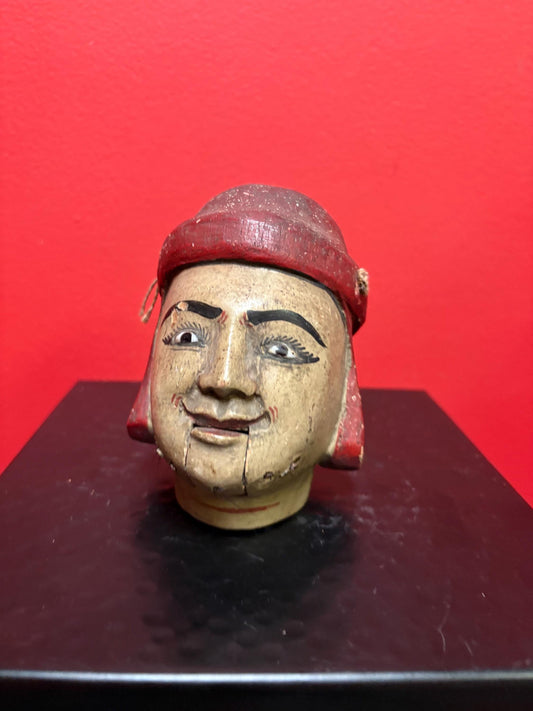 Amazing antique polychrome wooden puppet head  5 inches tall