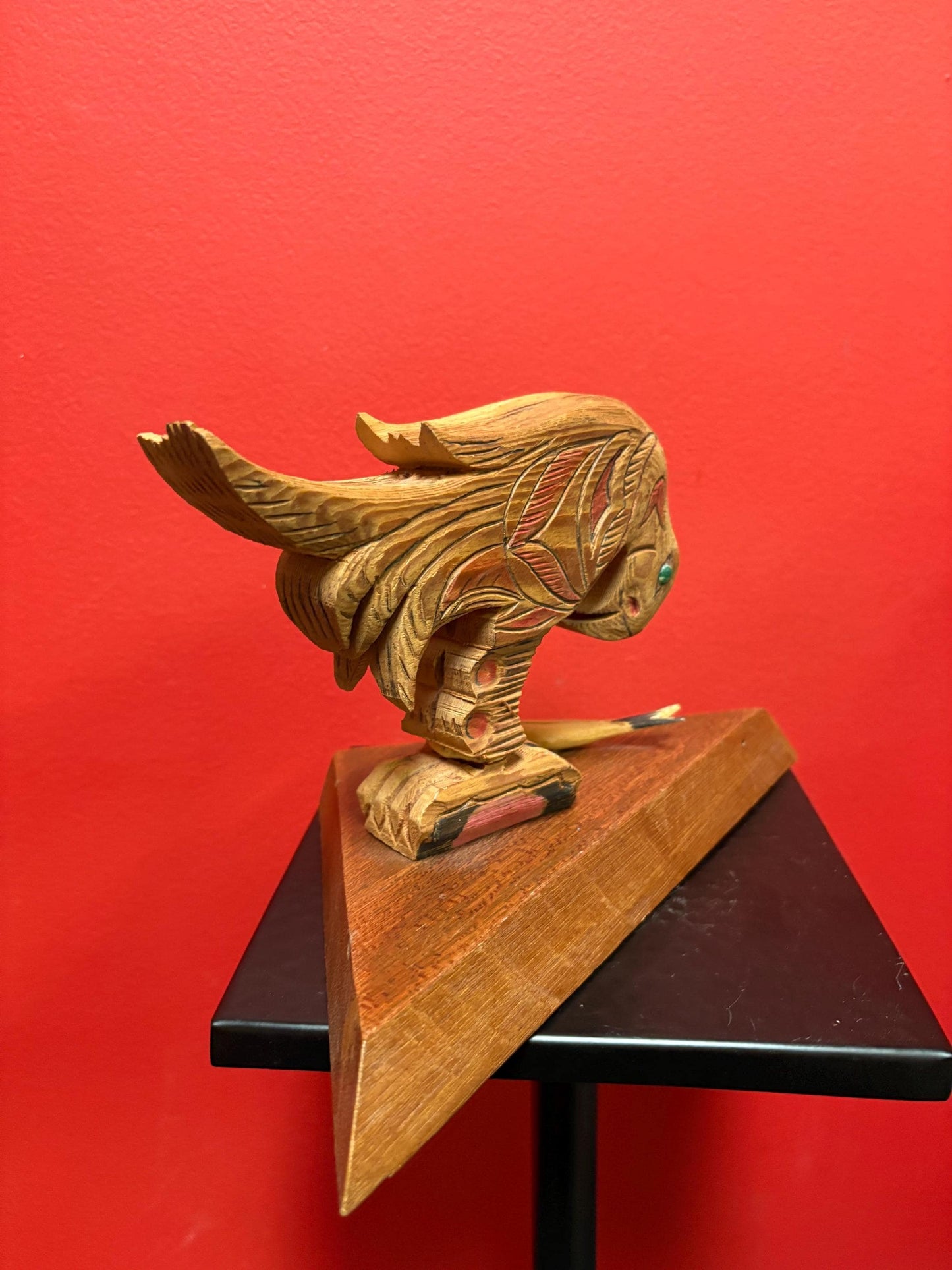 Beautiful indigenous first nations Pacific Northwest Coast carving of Eagle and salmon on base  information on bottom 10 x 6 high