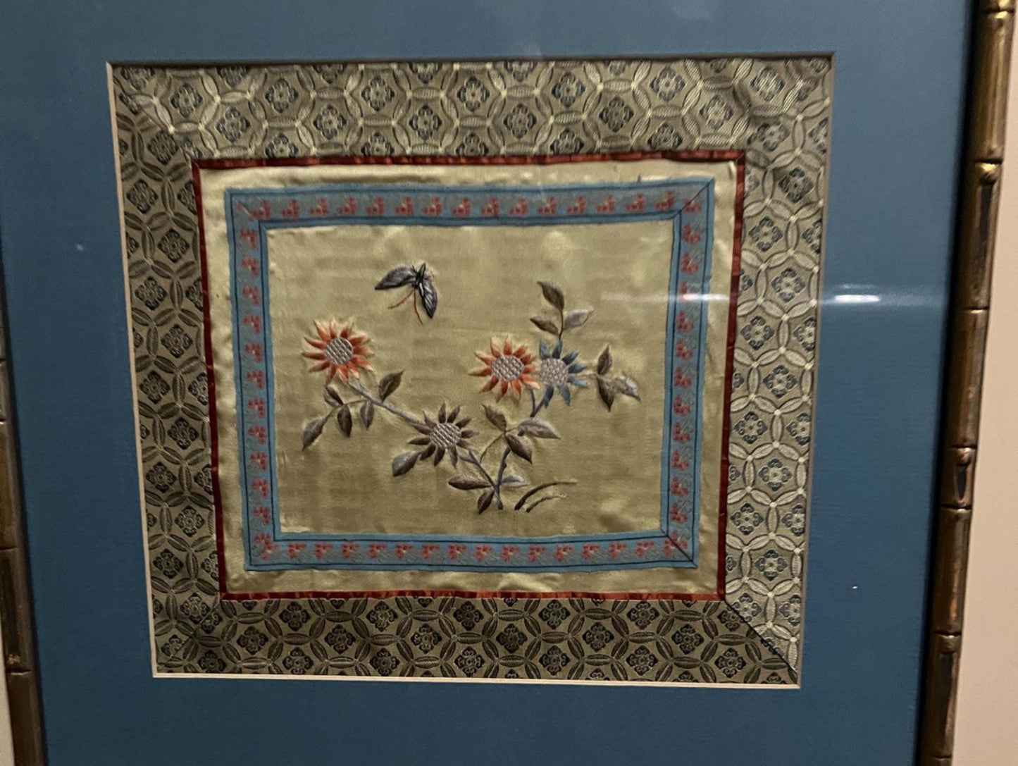 Stunning 15 x 15 antique Chinese silk picture of a butterfly with flowers in original frame wow