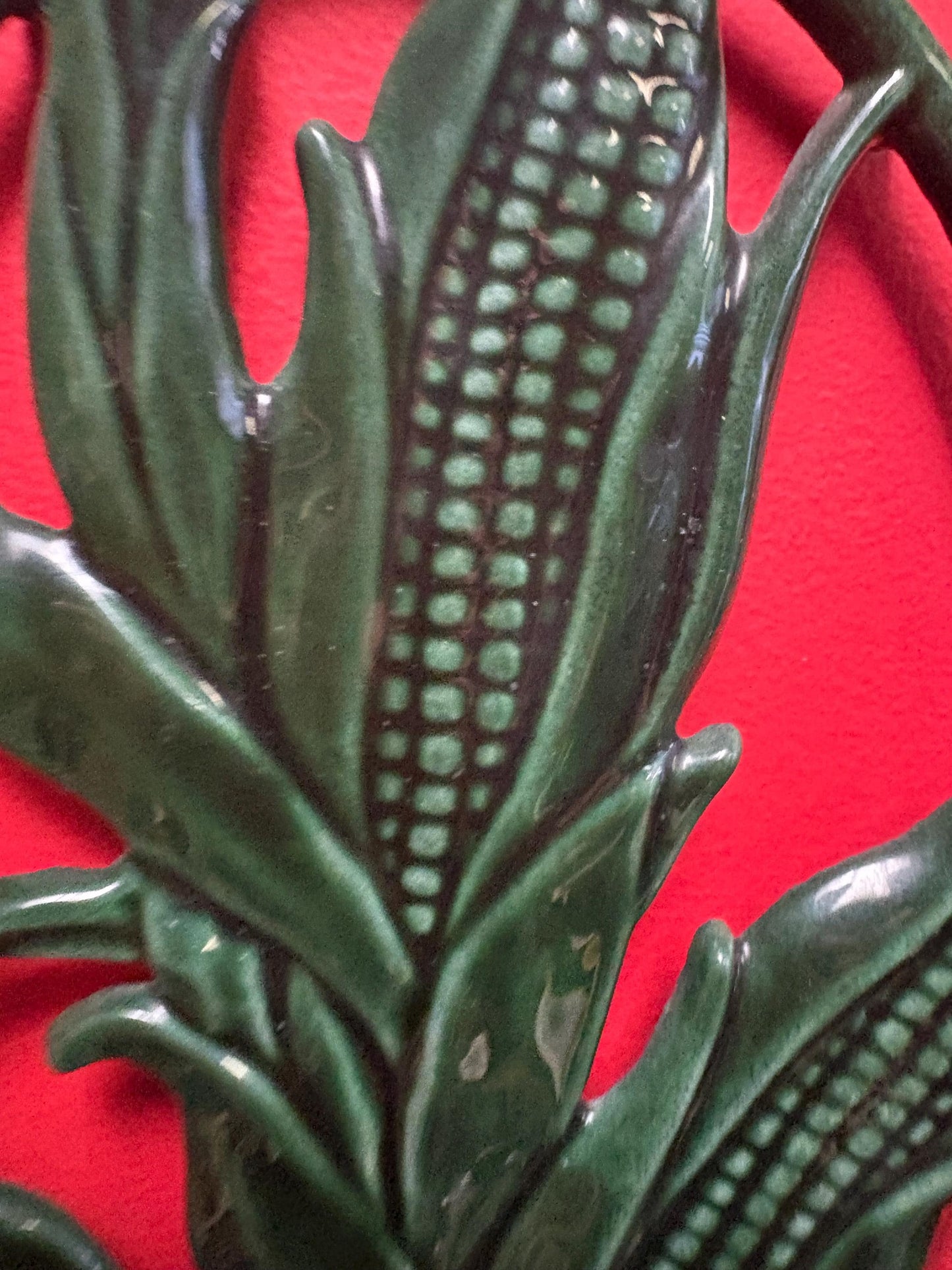 Beautiful French 11 x 8 wide antique INVICTA metal enamelled corn shaped trivet  also hangs  very cool gift